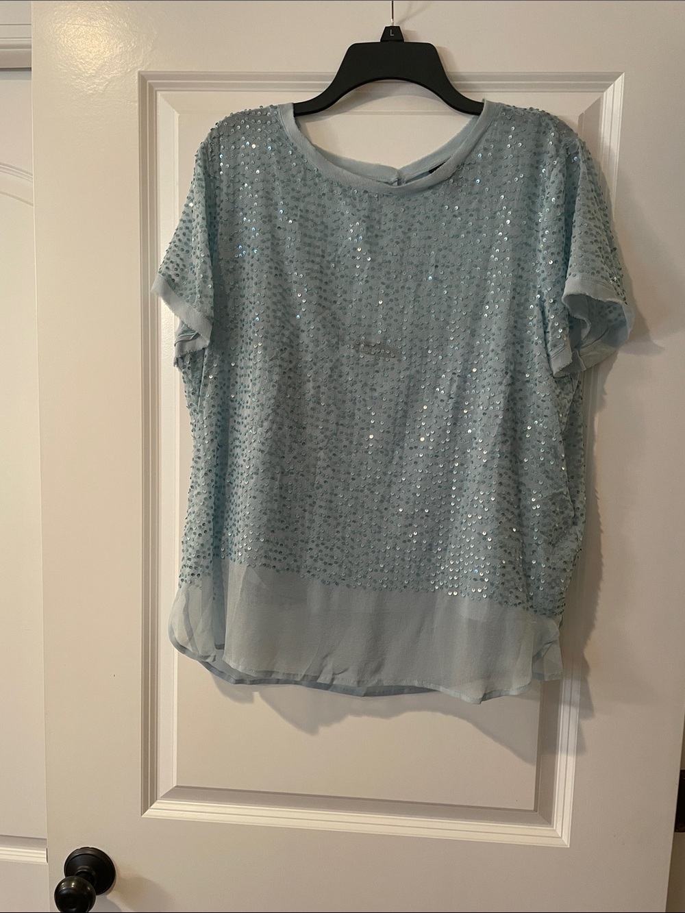 DKNY Light Blue Sequin Short Sleeve Blouse